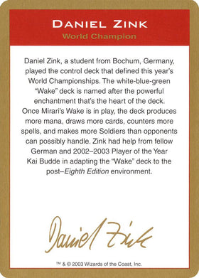 2003 Daniel Zink Biography Card