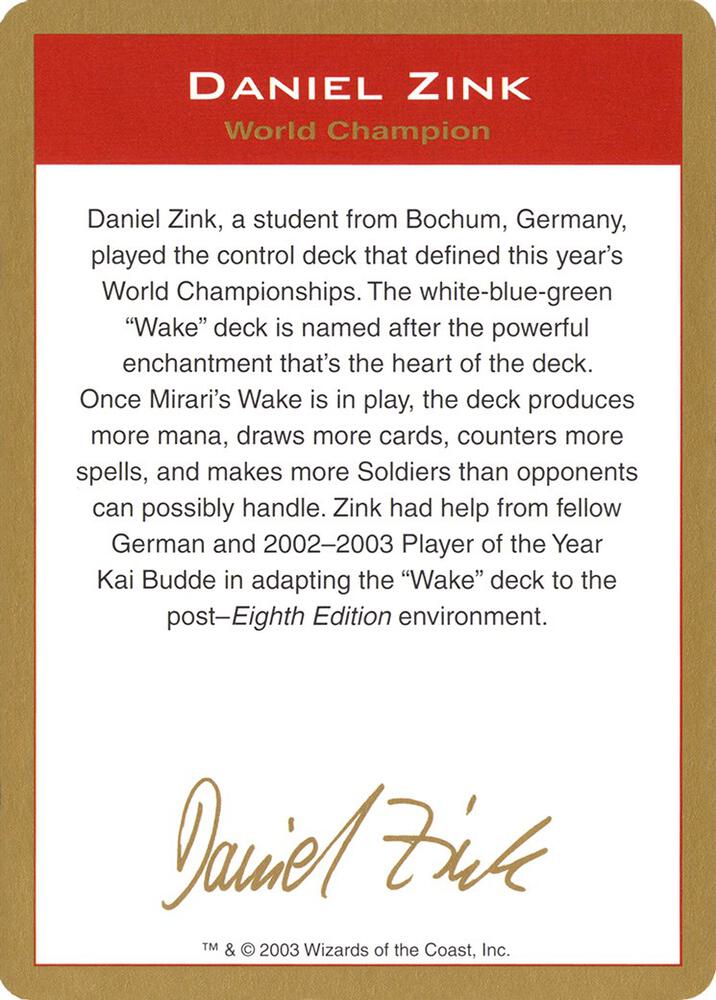 2003 Daniel Zink Biography Card