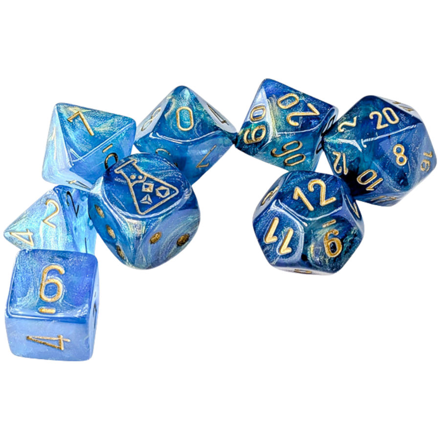 Chessex Dice: Lab Dice Shimmer - Polyhedral Aqueos/Gold (7) w/Bonus Die (PREORDER)