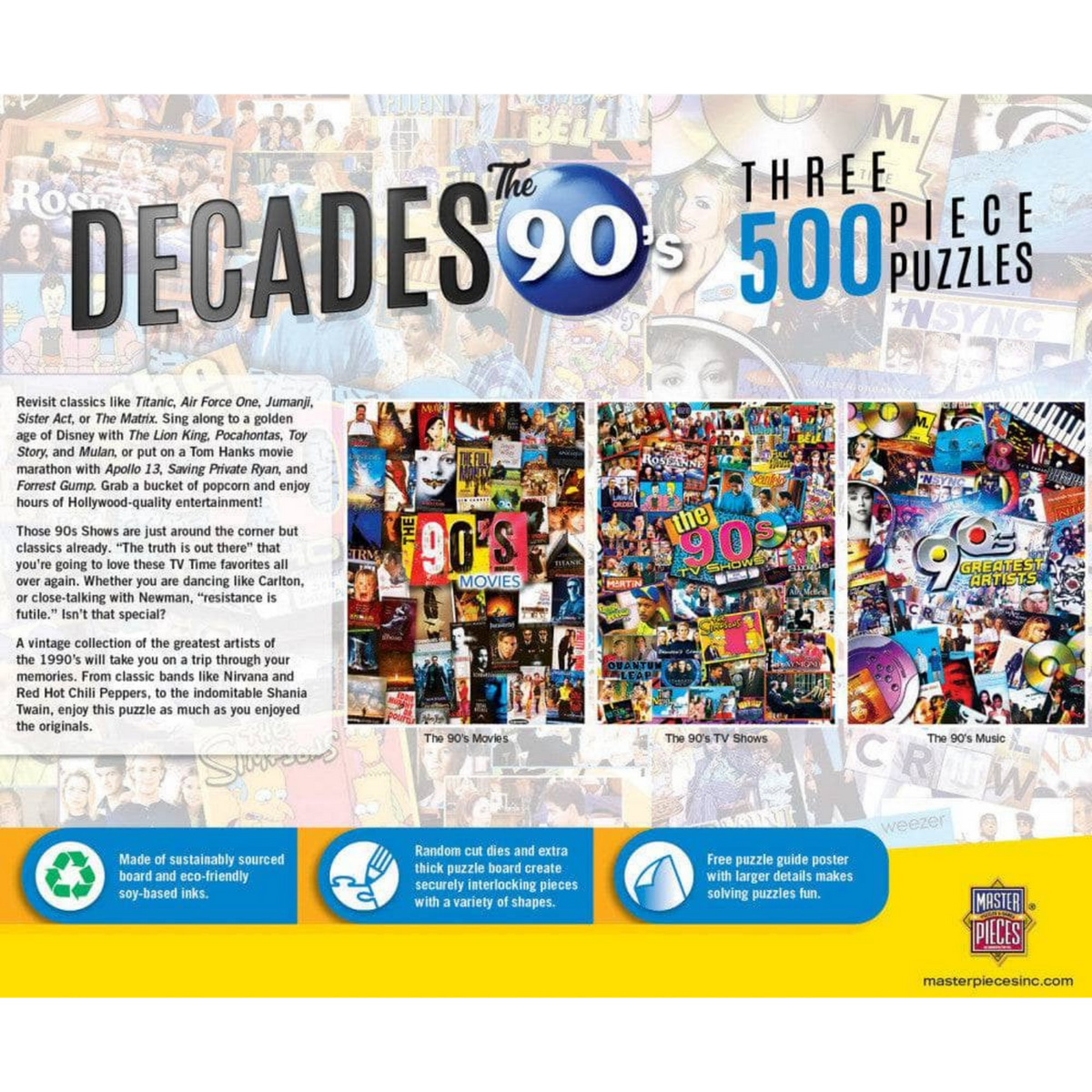 MasterPieces Puzzles: Decades - The 90's Movies / TV Shows / Music - Three 500 Piece Puzzles