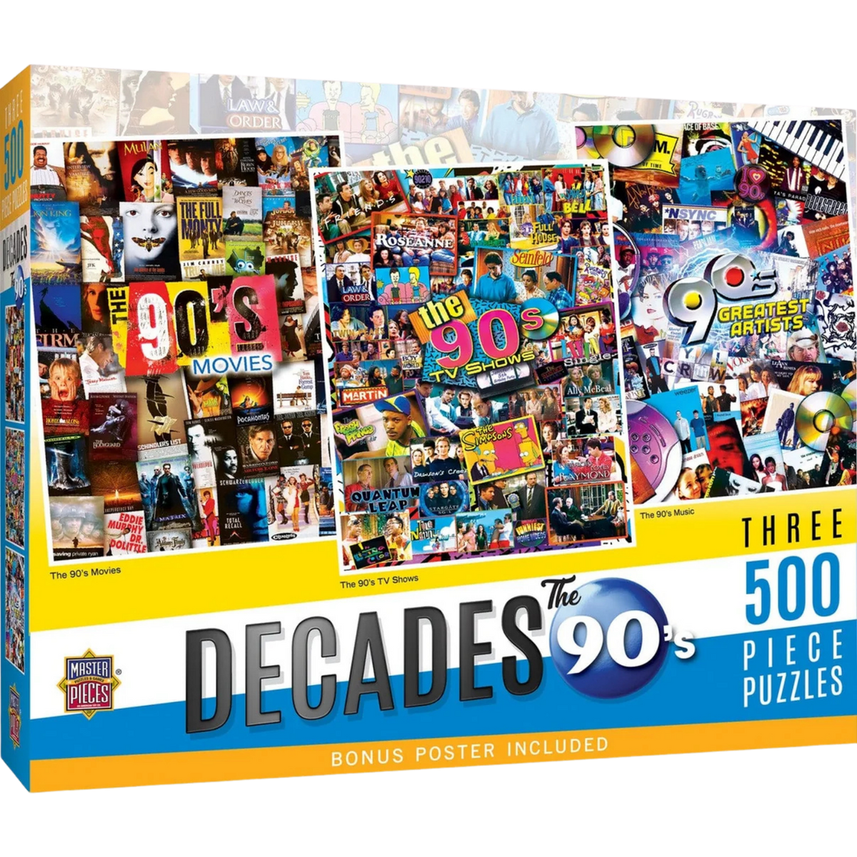 MasterPieces Puzzles: Decades - The 90's Movies / TV Shows / Music - Three 500 Piece Puzzles